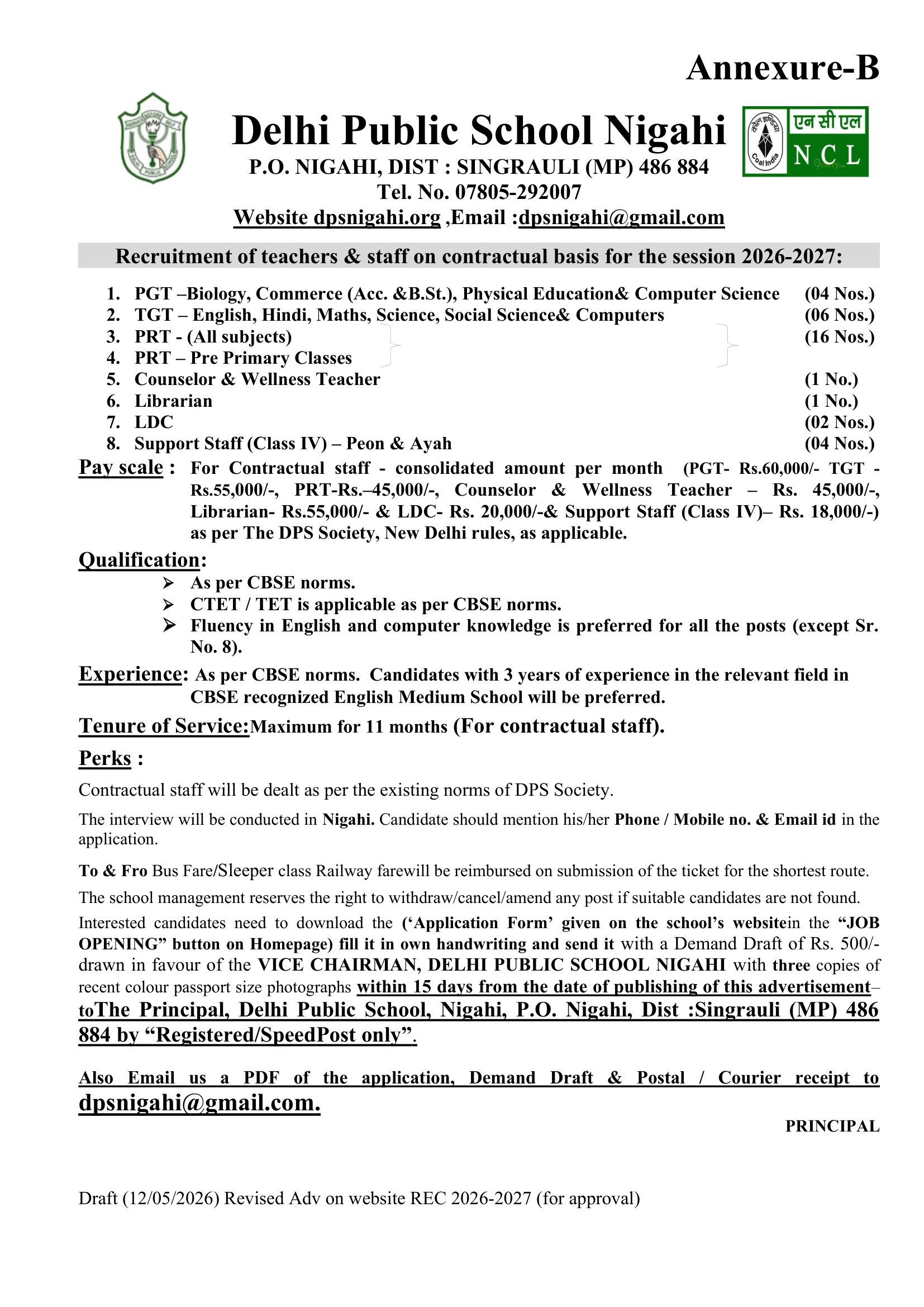 Job openings advertisement 2026-27